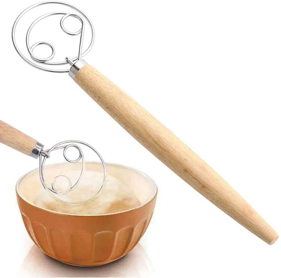 Image of IN STOCK 13.5" Bread Pizza Wooden Handle Dutch Dough Whisk Stainless Steel Danish Dough Whisk