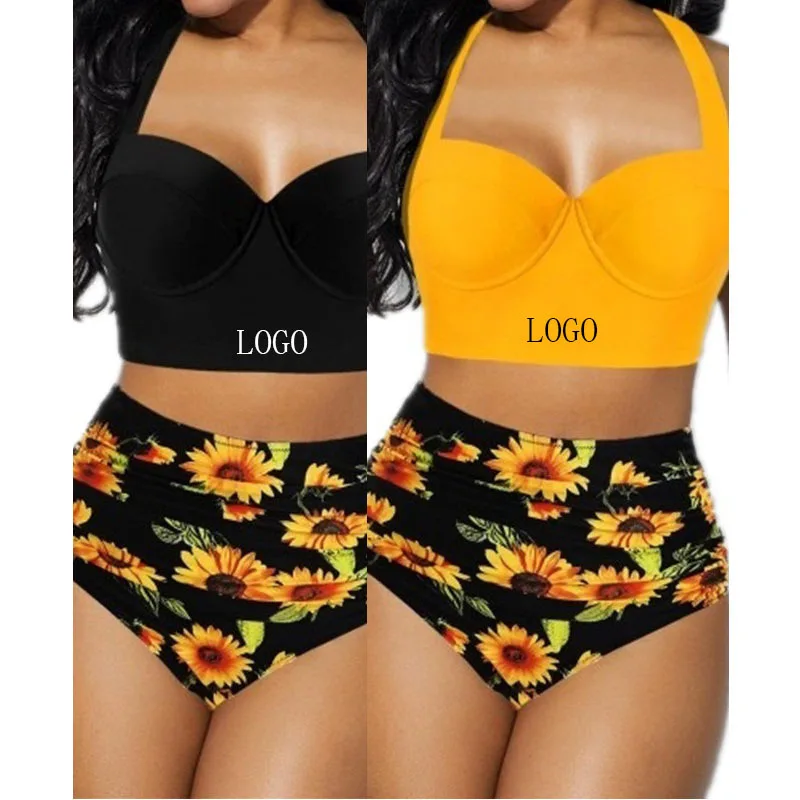 

Free shipping Custom Private Label 2 Pieces High Waist Sunflower print bathing suit Set Bathing Suits For Women