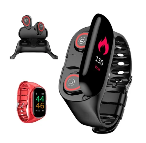 

Free shipping Heart Rate Monitor Smart Wristband smart watch earbuds and Blue toth Earphone with Ai Smart Watch earbuds, Black red