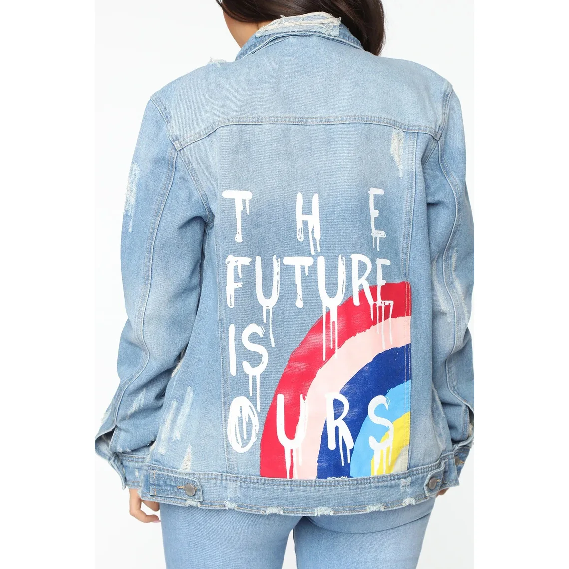 

20810-MX8 autumn cartoon print long denim plus size jackets women sehe fashion