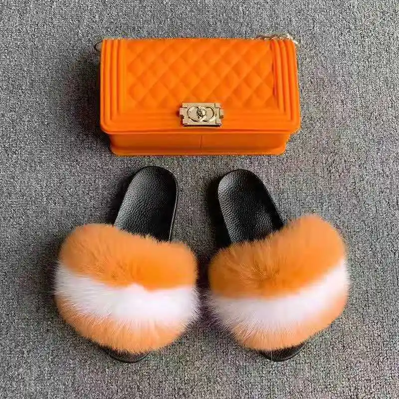 

China manufacture Latest Design Fur Slides With Purse Set Jelly Purse And Fur Slides Purse Sets Fur Slides Handbag Sets, Customized color