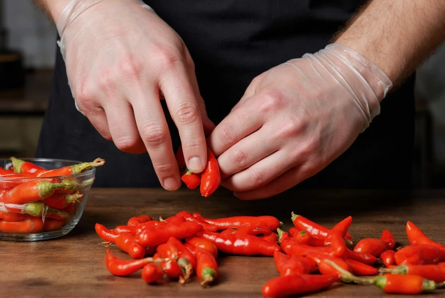 Chef wearing gloves while safely handling extremely hot chili peppers with proper safety equipment and preparation techniques