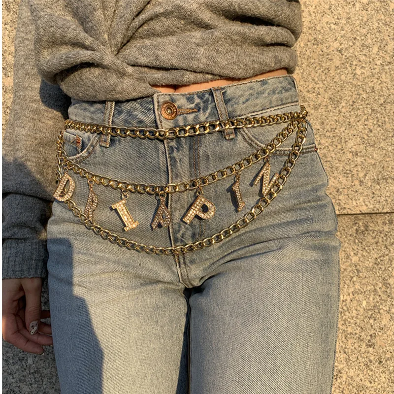 

2021 summer body jewelry custom gold letter waist chain belt women