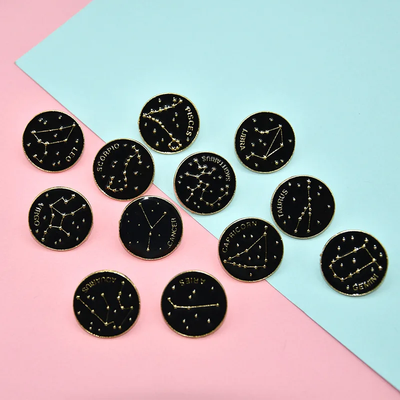 

Brooches Jewelry Zodiac Sign Clothes Accessories Creative Alloy Dripping Oil Small Brooch For Women Men, Black+gold