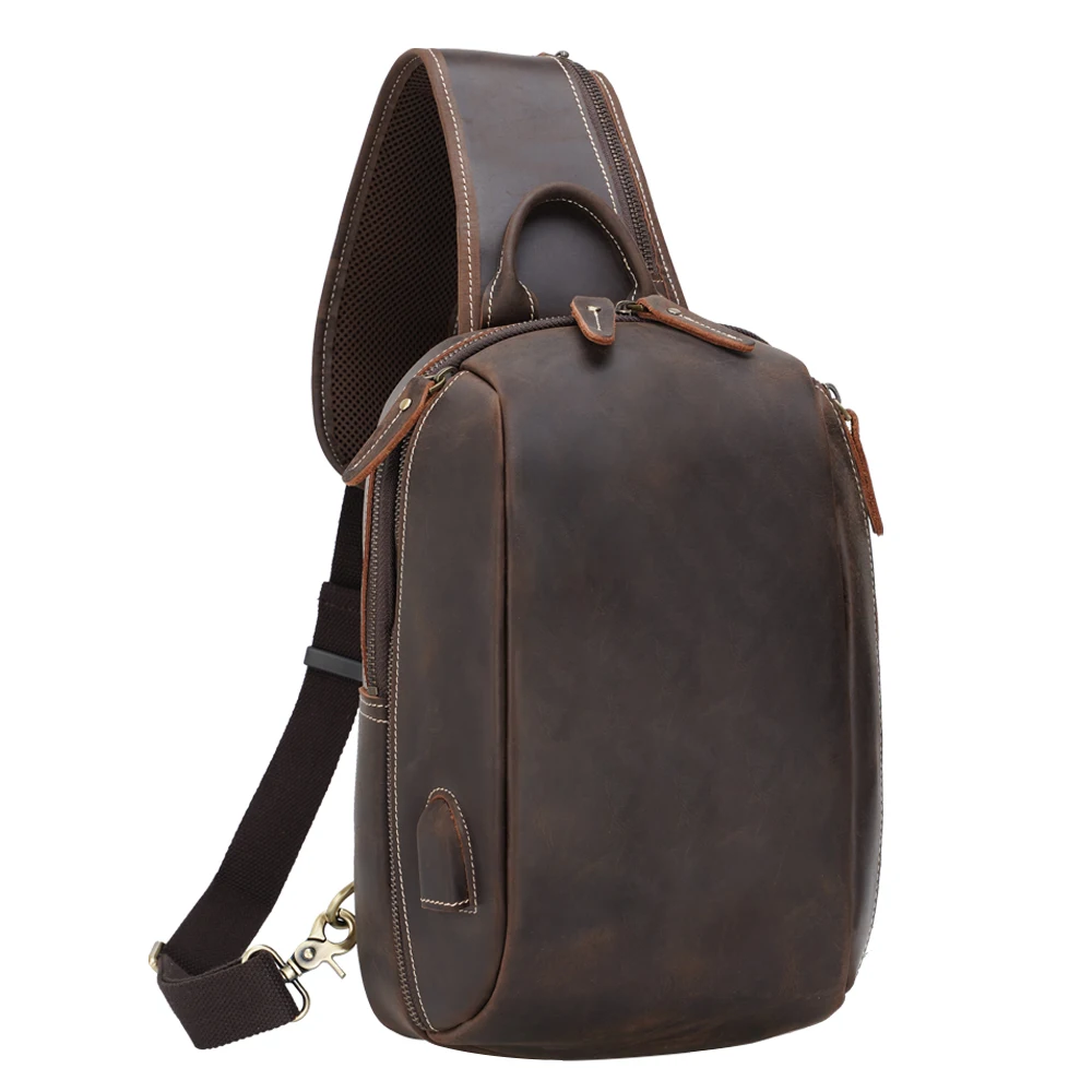 

TIDING Vintage Customized Chest Bag USB Charging Crazy Horse Leather Crossbody Sling Bag Single Shoulder Men
