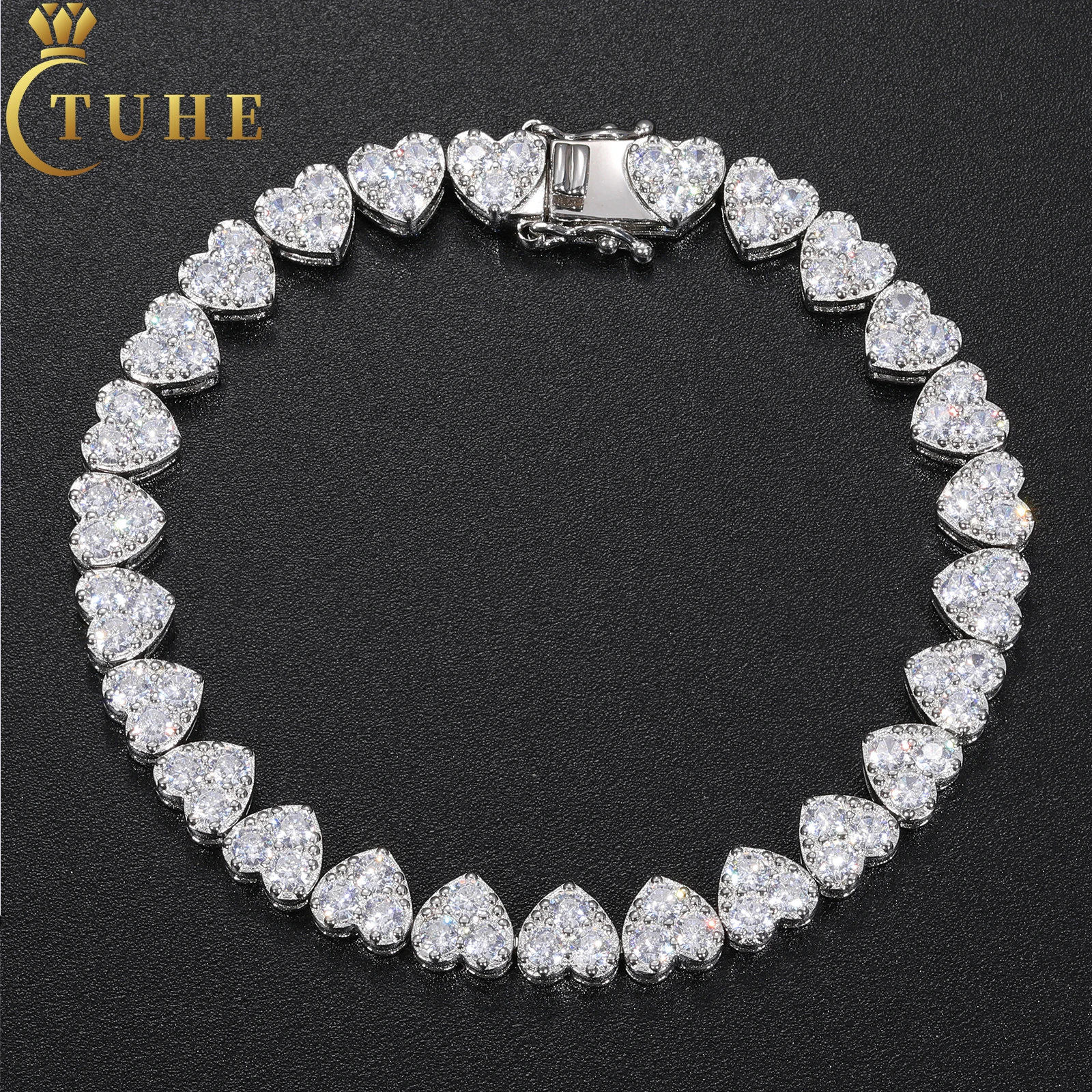 

Christmas Gift Jewelry Fashion 8mm 925 Sterling Silver VVS Moissanite Diamond Clustered Heart Tennis Chain Bracelet For Lovers