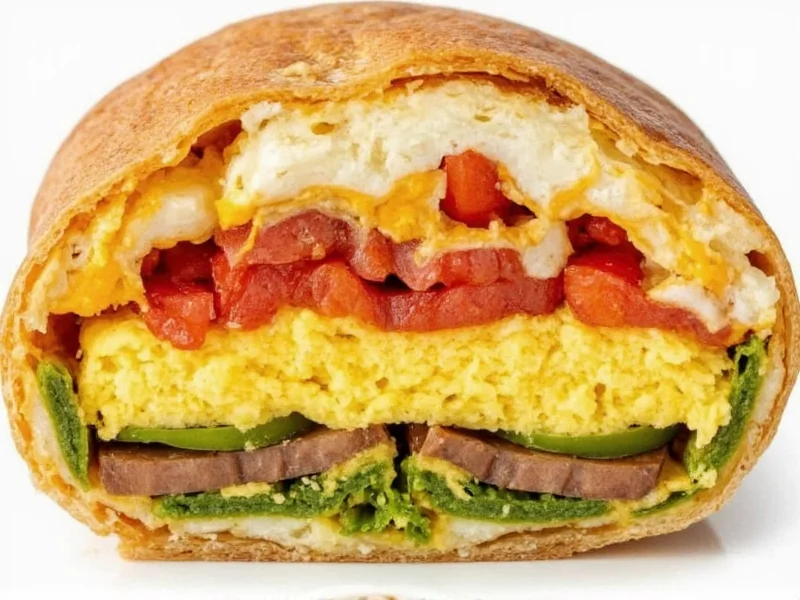 Cross-section of homemade breakfast burrito showing layered fillings