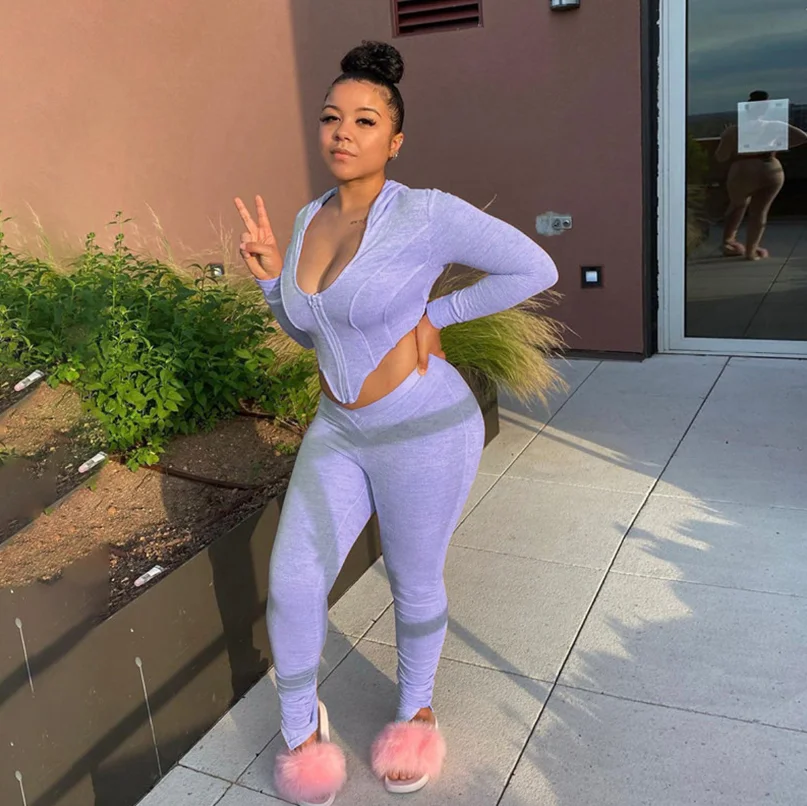 

2020 Wholesale Fall Clothing For Women Hoodies Sweatsuit Stacked Pants Legging Tracksuits Pink 2 Piece Outfit Set, As picture