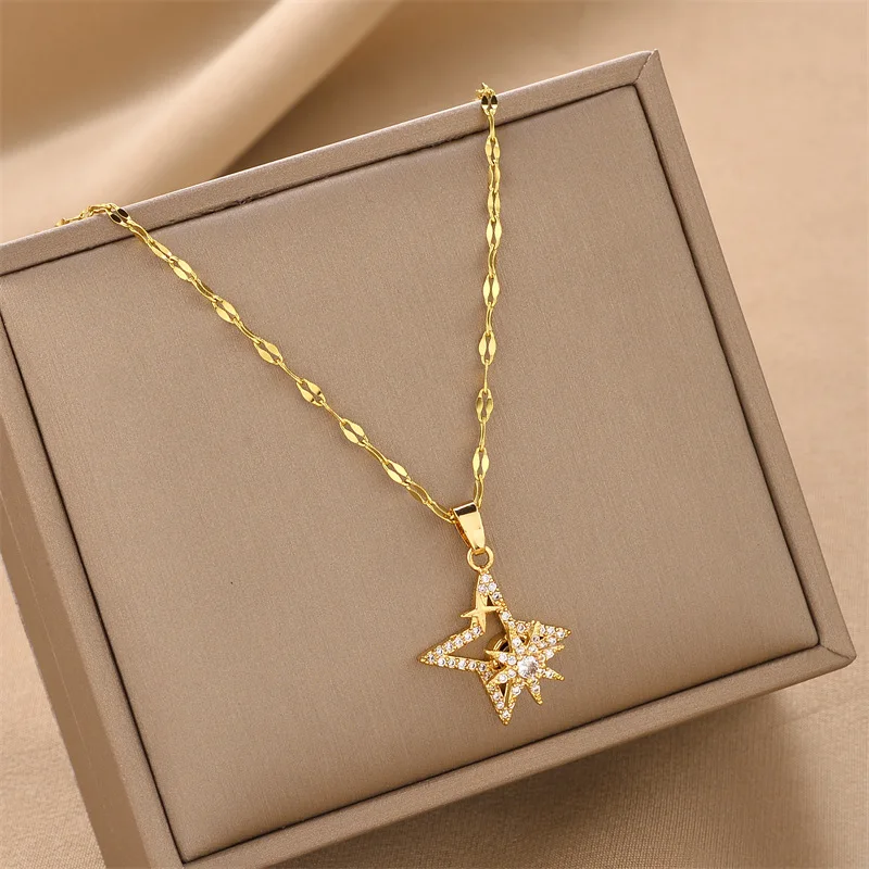 

Sailing Jewelry New Design Rotate Star Necklace Fashion Gold Plated Shiny Zircon Titanium Steel Rotatable Star Necklace