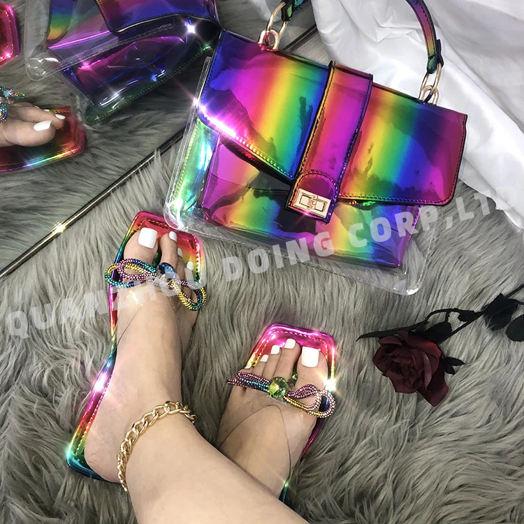 

2021 custom rainbow silicone transparent handbags beachkin shoulder pvc sandals clear jelly tote shoes and bag set for ladies, Snakeskin