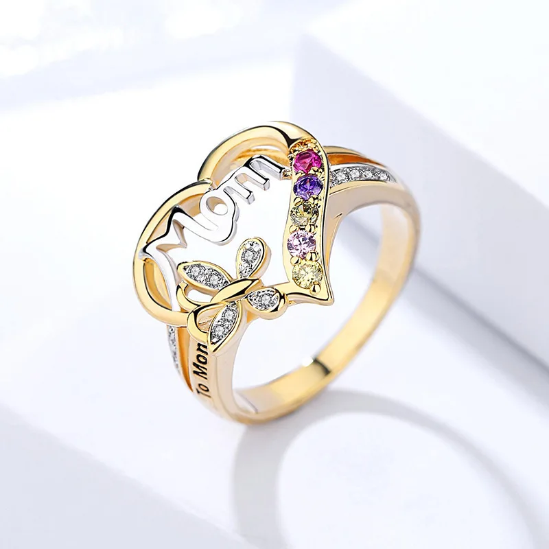 

Luxury Minimalist Jewelry Gold Plating Rainbow Rhinestone Crystal Heart Ring Mom Letter Rings for Mother's Day Gifts