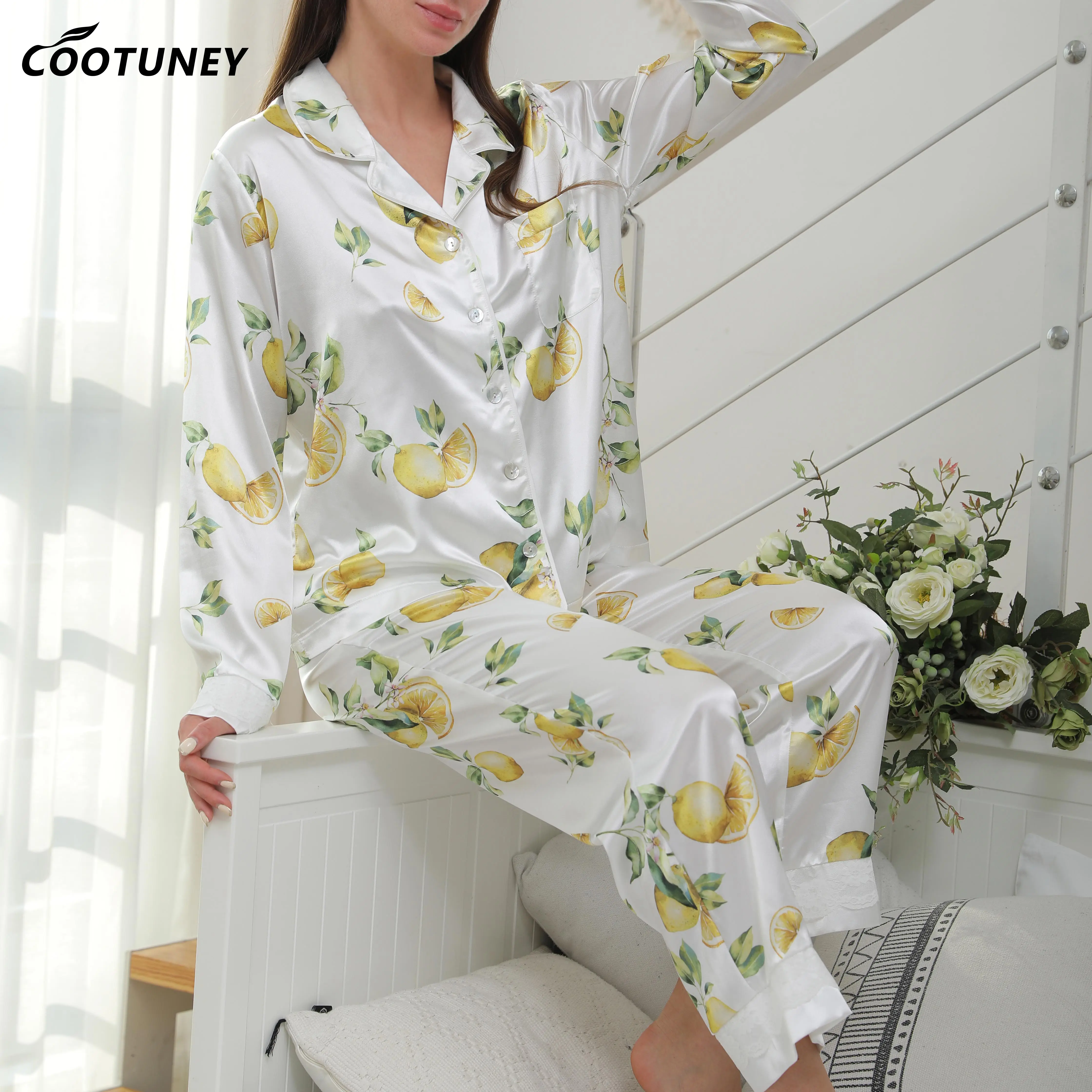 

Custom Design Printed Lemon Leaves Sleepwear Long Sleeves Lace Satin Print Silk Pajamas For Women