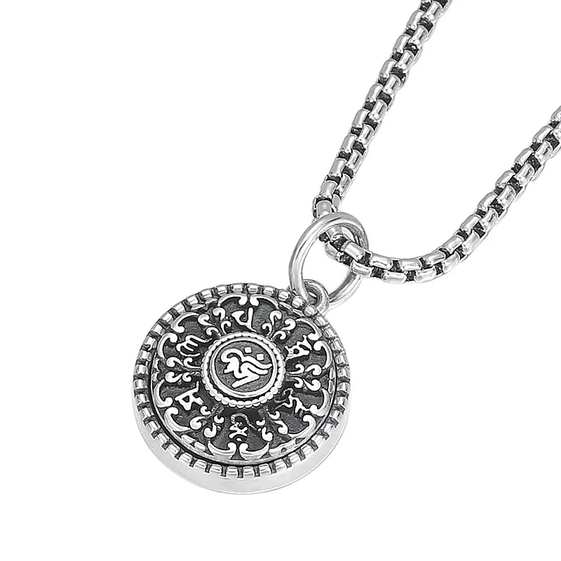 

S925 Sterling Silver Pendant Men and Women's Vintage Six Character True Word Round Brand Buddha Hiphop Rock Necklace Jewelry