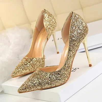 

New Arrival Sexy nightclub slim women's shoes stiletto high heels shallow mouth pointy side hollow sequin single shoes