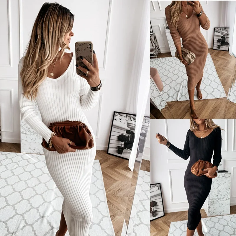 

Fashion Trend Autumn Female Dress Solid Color V Neck Long Sleeve One-Piece Cloth Knitting Slim Fitting Midi sling bag hip skirt