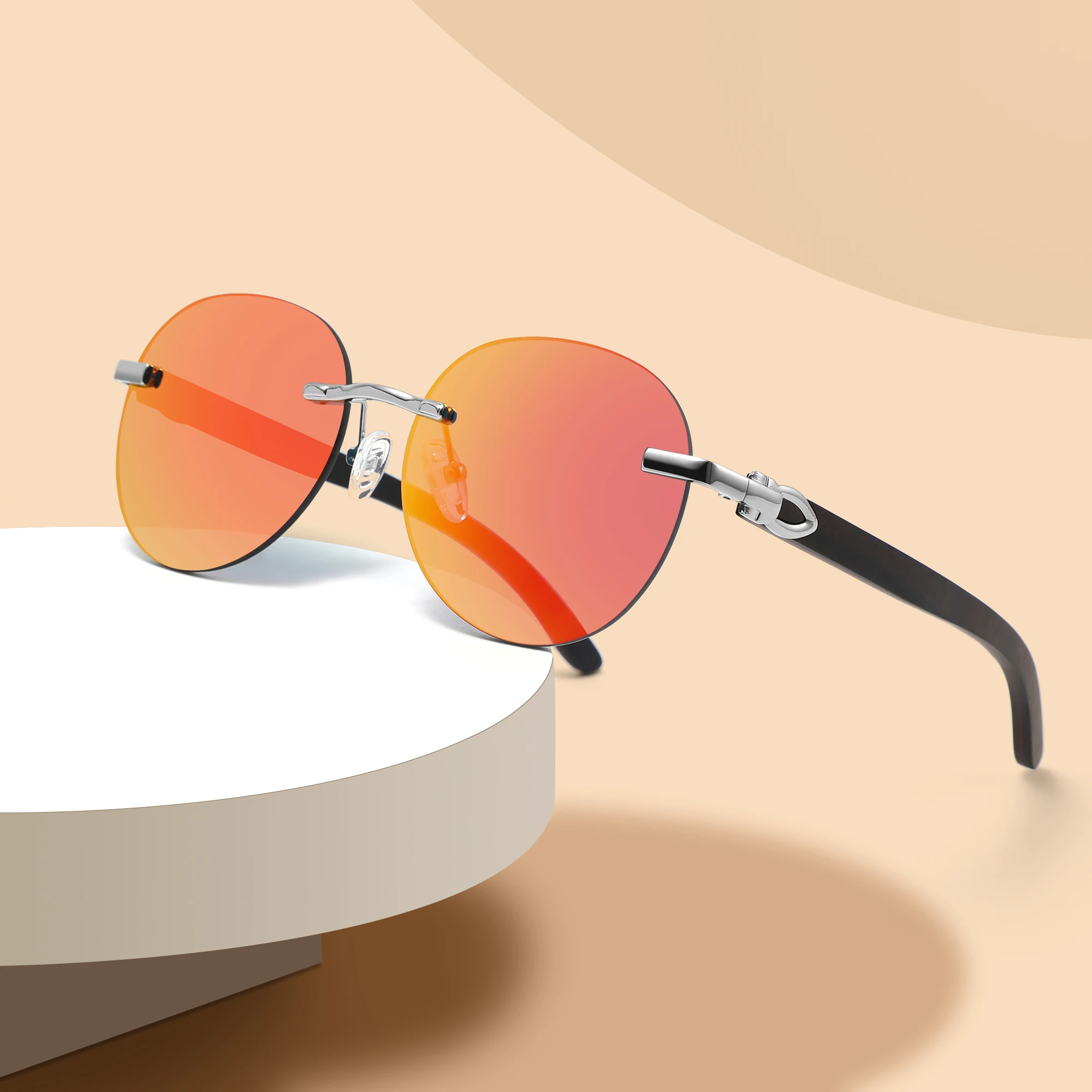 

CONCHEN New Fashion Retro Round Wood Temple Sunglasses Logo Customized Rimless Wood Sun Glasses