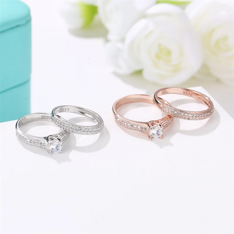 

Couple Wedding Rings Set Engagement Geometric Ring Lover Bling Zircon Classic Rose Gold Bridal Fine Party Jewelry