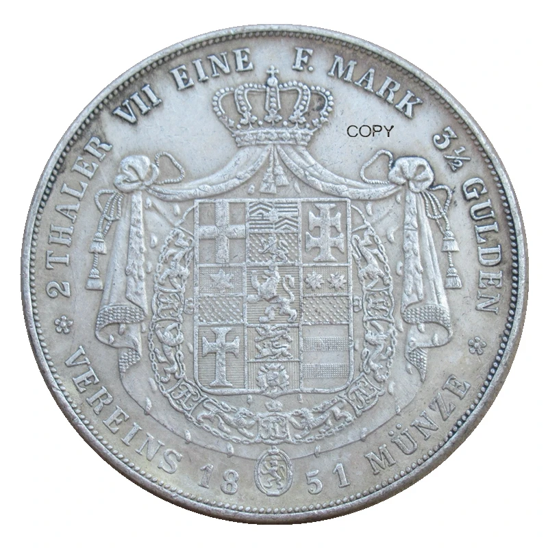 

DE(16) Reproduction German 2 Thaler - Friedrich Wilhelm I 1851 Silver Plated Antique Souvenir Custom Metal Coins