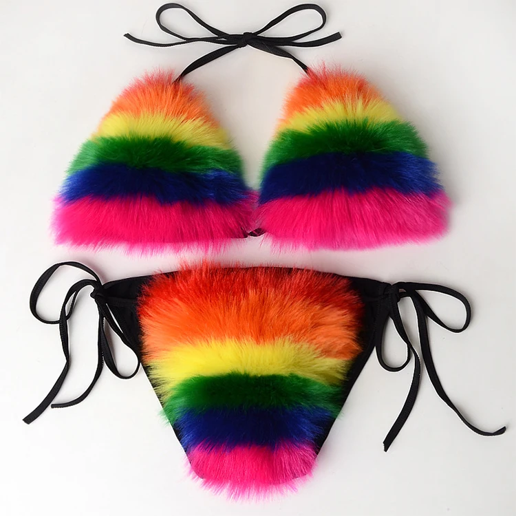 

Custom new sexy three points real fox lingerie woman fluffy fur bikini underwear