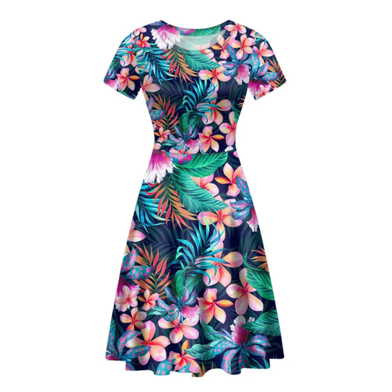 

Wholesale Hawaiian Style Summer Tropical Palm Leaves With Flowers Custom Clothing Manufacturers O-Neck Casual Women Dress, Customized color