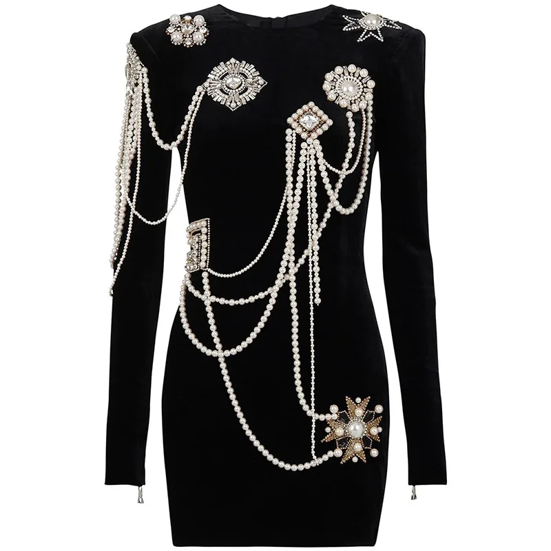 

Personality Black Show Unique Design Dress Women's Clothing 2023 Autumn Black Pearl Long Sleeves Elegant Women's Dresses