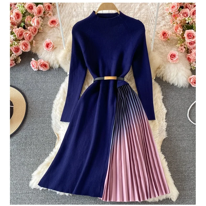 

Selling Pleated Gradual Color Custom Jersey Warm Knitted sweater dresses Women Winter