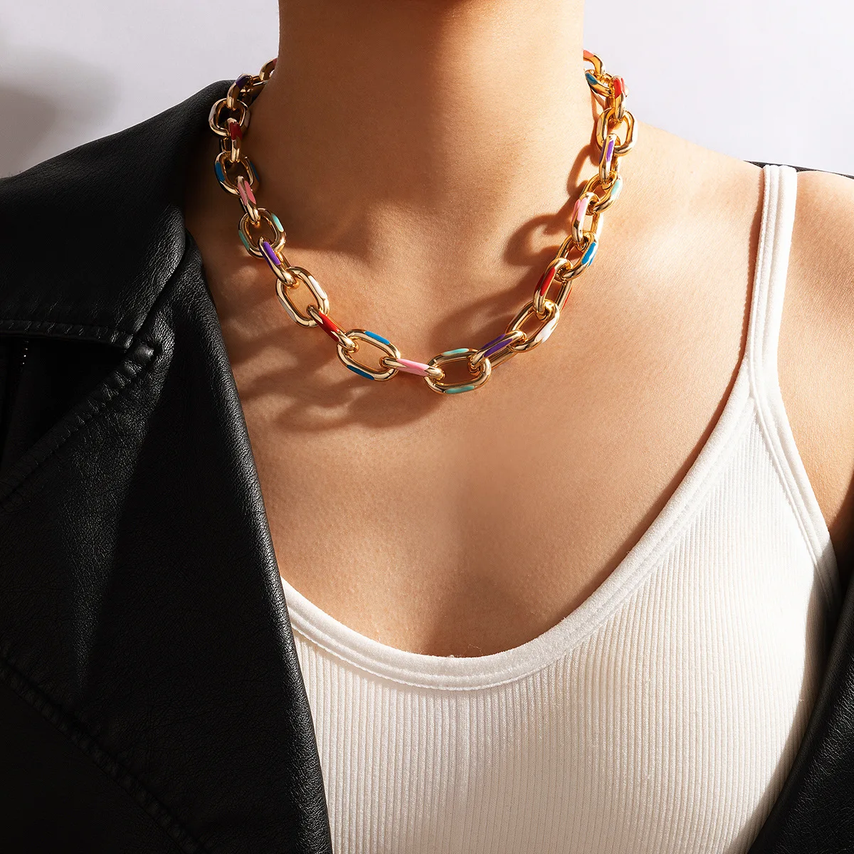 

Punk Style Adjustable Colorful Enamel Link Chain Clavicle Necklace 18K Gold Plated Oil Drip Geometric Link Chain Necklace for Hi