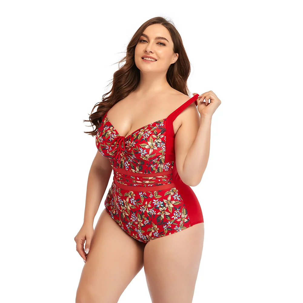 

3XL Plus Size Swimwear Red Women's One Piece Swimsuit Tummy Control V Neck Floral Print Bathing Suit, Customized colors