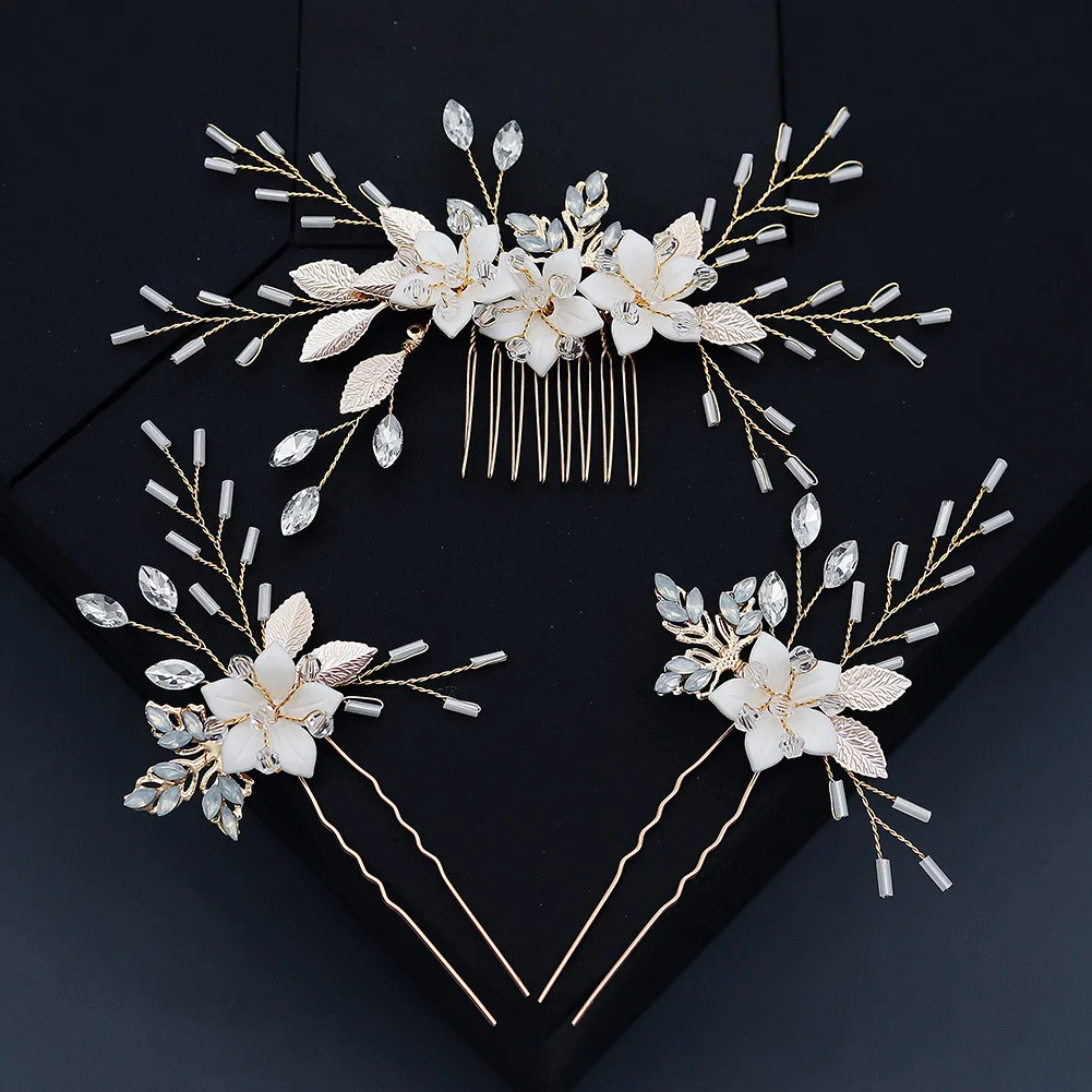 

Wholesale Flower Design Rhinestone Crystal Hair Comb Hair Pins Set Fancy Leaf Wedding Bridal Jewelry Headpiece Sets, Gold