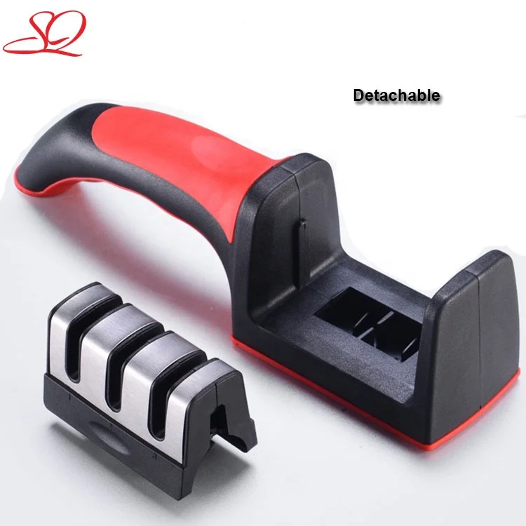 

Amazon Wholesale New model 3 Stages Ceramics Stainless Steel Non slip Plastic silicone handle Knife Sharpener for Chef, Black with blue / black with red / green with grey