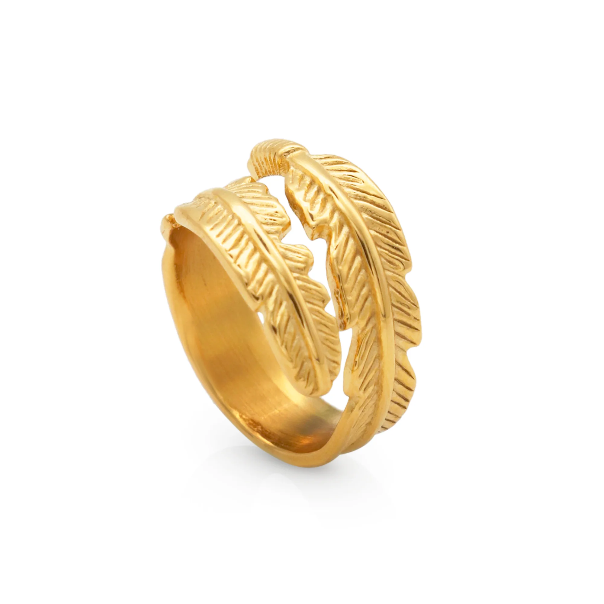 

Chris April non tarnish PVD 18k gold plated 316L stainless steel vintage simple feather band finger open ring