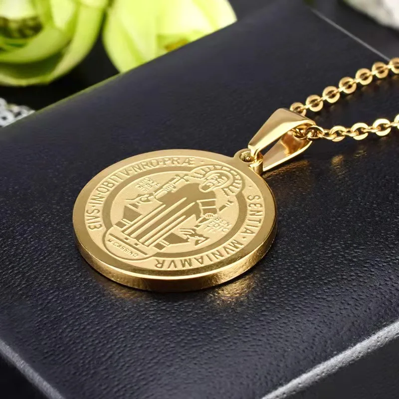 

Coin Round Spiritual Saint Medal Church Jewelry Custom Religious Stainless Steel Chain Gold Pendant Necklaces For Men, Blue/gold/gold