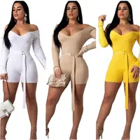 

Factory directly soild color rib fabric off the shoulder sexy long sleeve bodycon jumpsuit rompers for woman