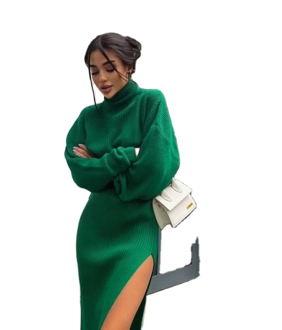 

2022 Chic Oversize High Slit Skirts Streetwear Casual Fall 2 Pieces Knitted Sweater And Skirt Sets