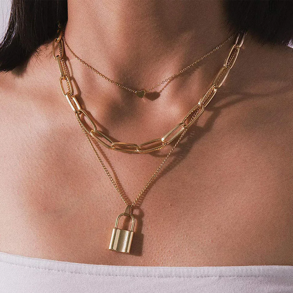 

Modalen Stainless Steel Padlock Layered Gold Pendant Lock Necklace