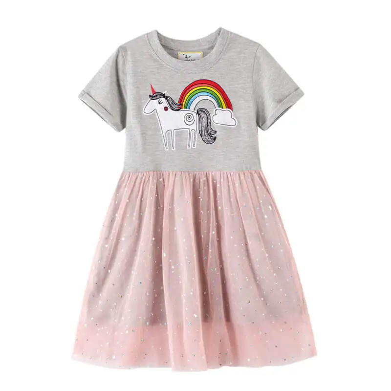 

Sequin Star Print Grey Unicorn Rainbow Applique Short Sleeve Tulle Casual Cotton Frock 5 Year Old Kids Girl Dress For Birthday