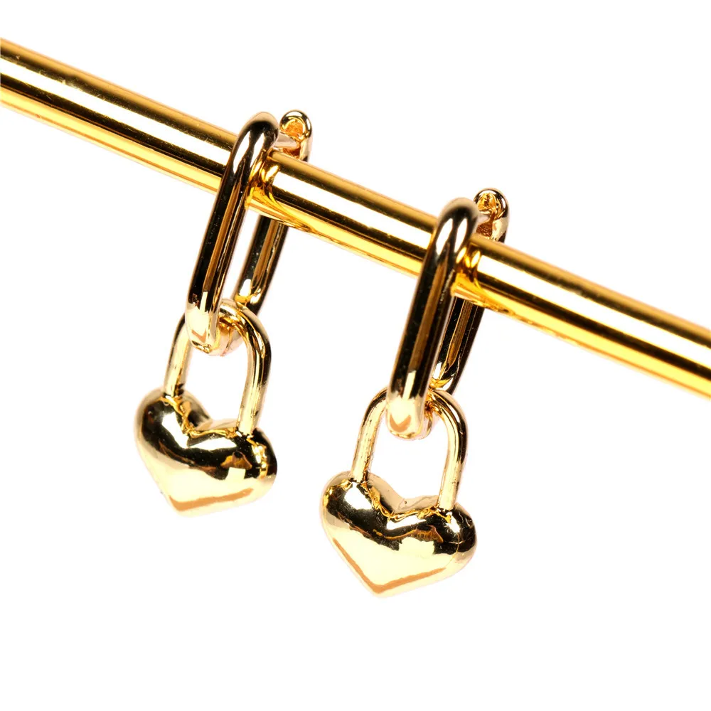 

2021 Best Selling Real 18K Gold Plated Heart Drop Earrings Punk Hip Hops Heart Lock Pendant Earring For Women