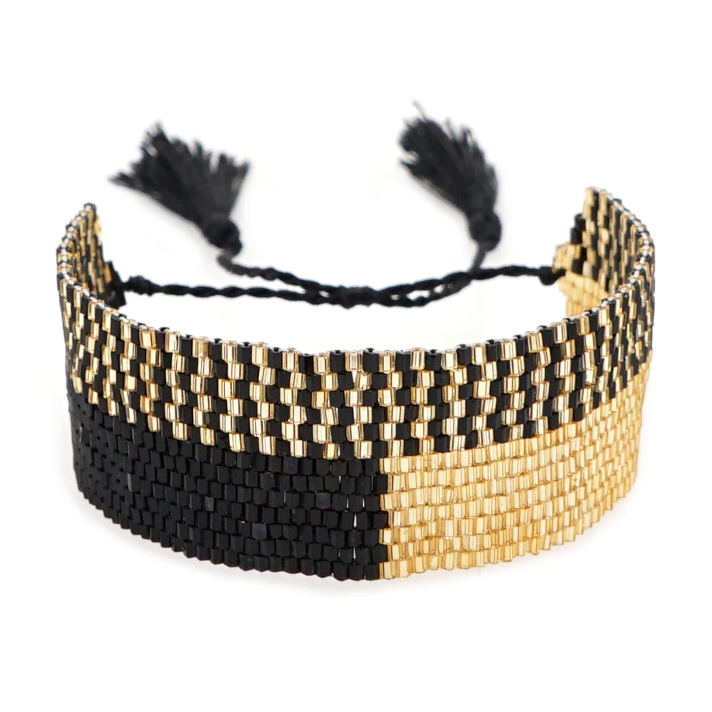 

Go2BoHo Wide Bracelet for Women & Men Fashion Jewelry Gold Black Mixed Colored Miyuki Seed Beads Geometric Bracelets with Tassel