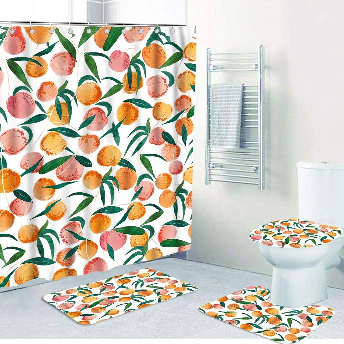 

3 pieces bath curtain Pink Orange Fruit Polyester Fabric Waterproof Mouldpro of Peach bathroom Shower Curtain sets with rugs, Customized