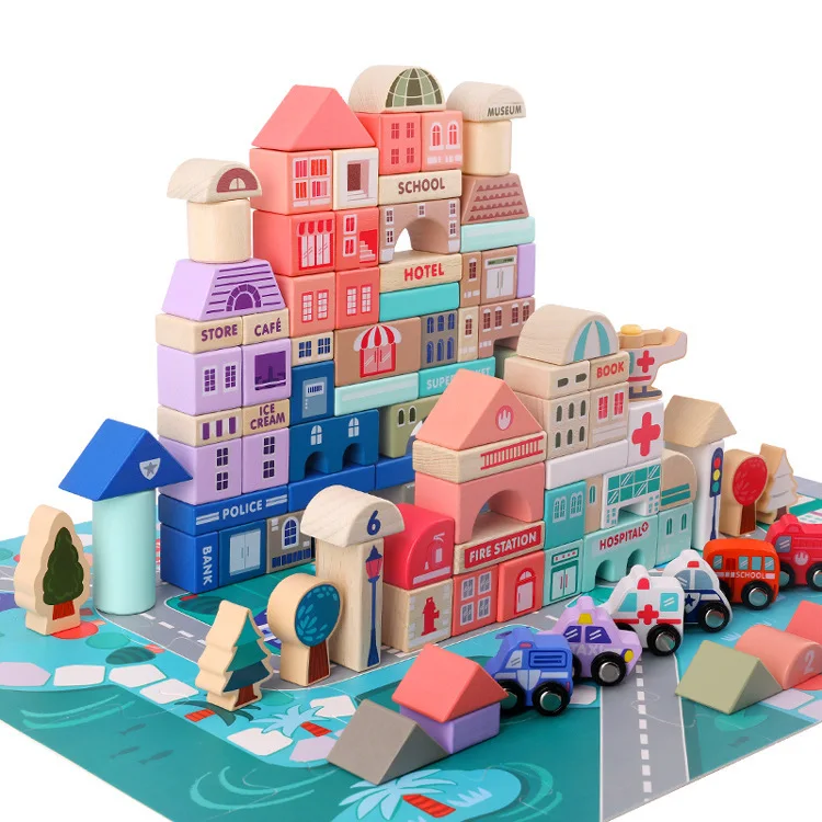 

115 Pcs Kids Toys Wooden Toys City Traffic Scenes Geometric Shape Assembled Building Blocks Early Educational Toys For Children