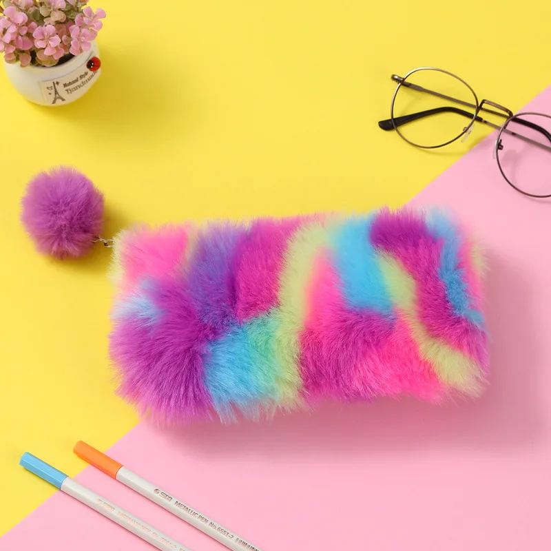 

Seaygift Wholesale portable colorful plush fuzzy fluffy faux fur zipper makeup cosmetic bag for girls, Rainbow