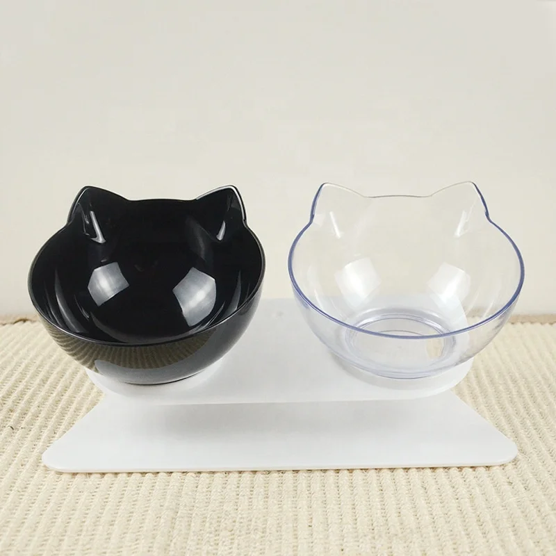 

15 Degree Tilt Protect Neck Elevated Raised Transparent Pet food water Feeding double cat bowl plastic