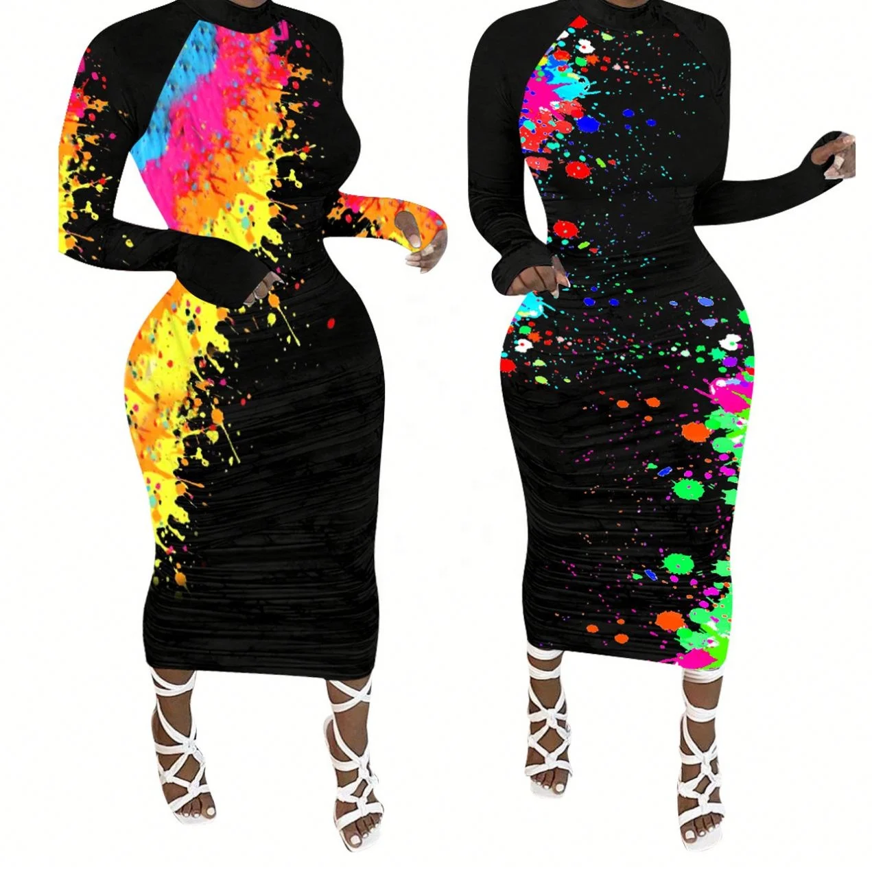 

Women Wholesale Plus Size Full Sleeve Tie Dye Bodycon Sexy Casual Fall Dress, 2 colors