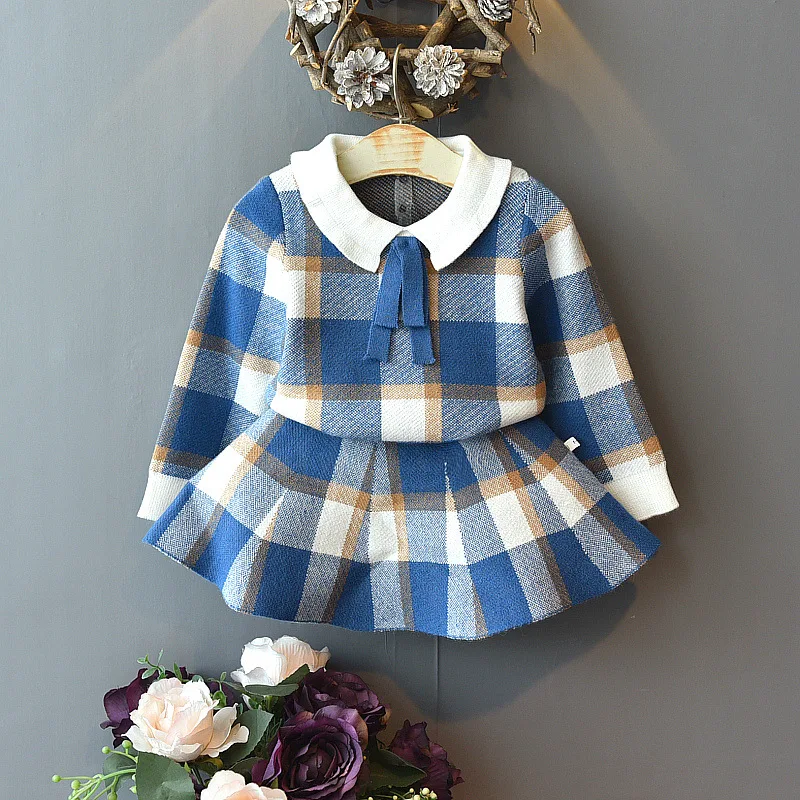 

Boutique Baby Girls Autumn Dresses Clothes Set Christmas Outfits Kids Girls Plaid Knit Sweater&skirt Fall Girl Clothing Set, Pic shows