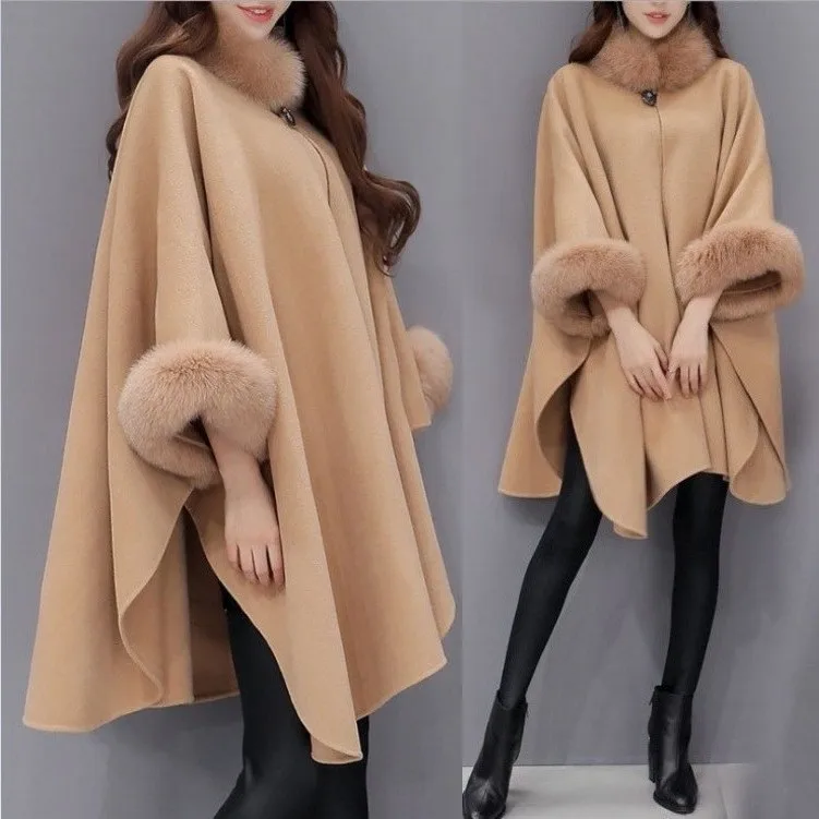 

Women's Coats 2021 Fashion Warm Autumn Winter Fox Fur Collar Women Loose Wool Cape Coat Plus Size Women's Coats, 3 colors