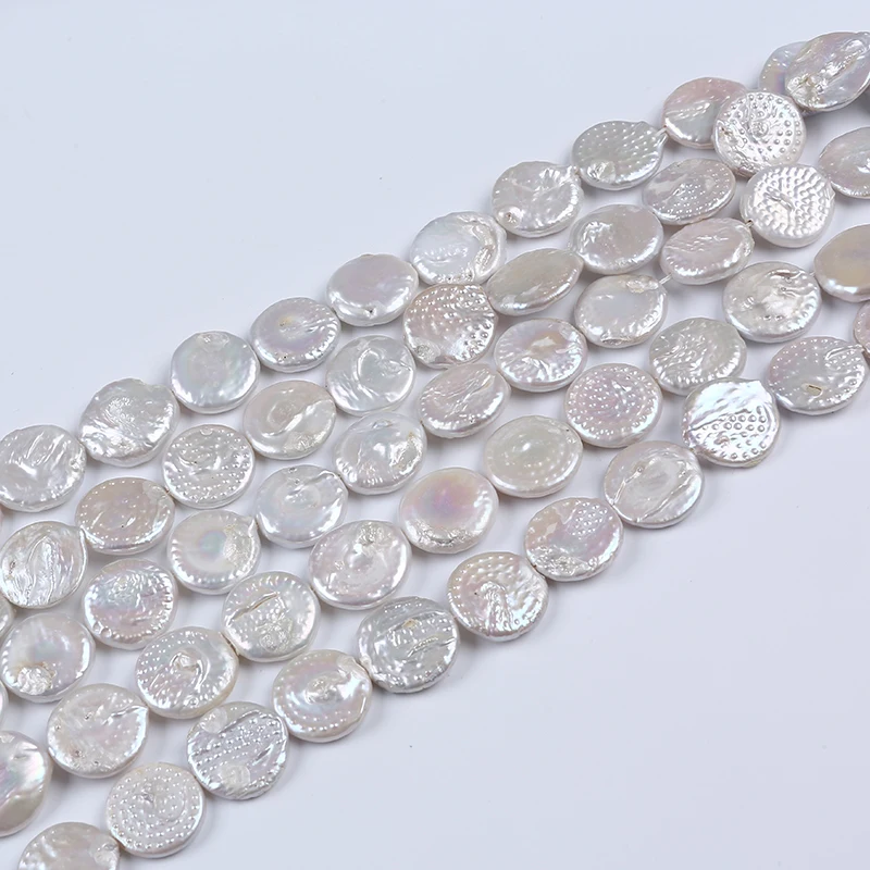

Large white 20mm coin shape freshwater pearl loose flat round bead strand