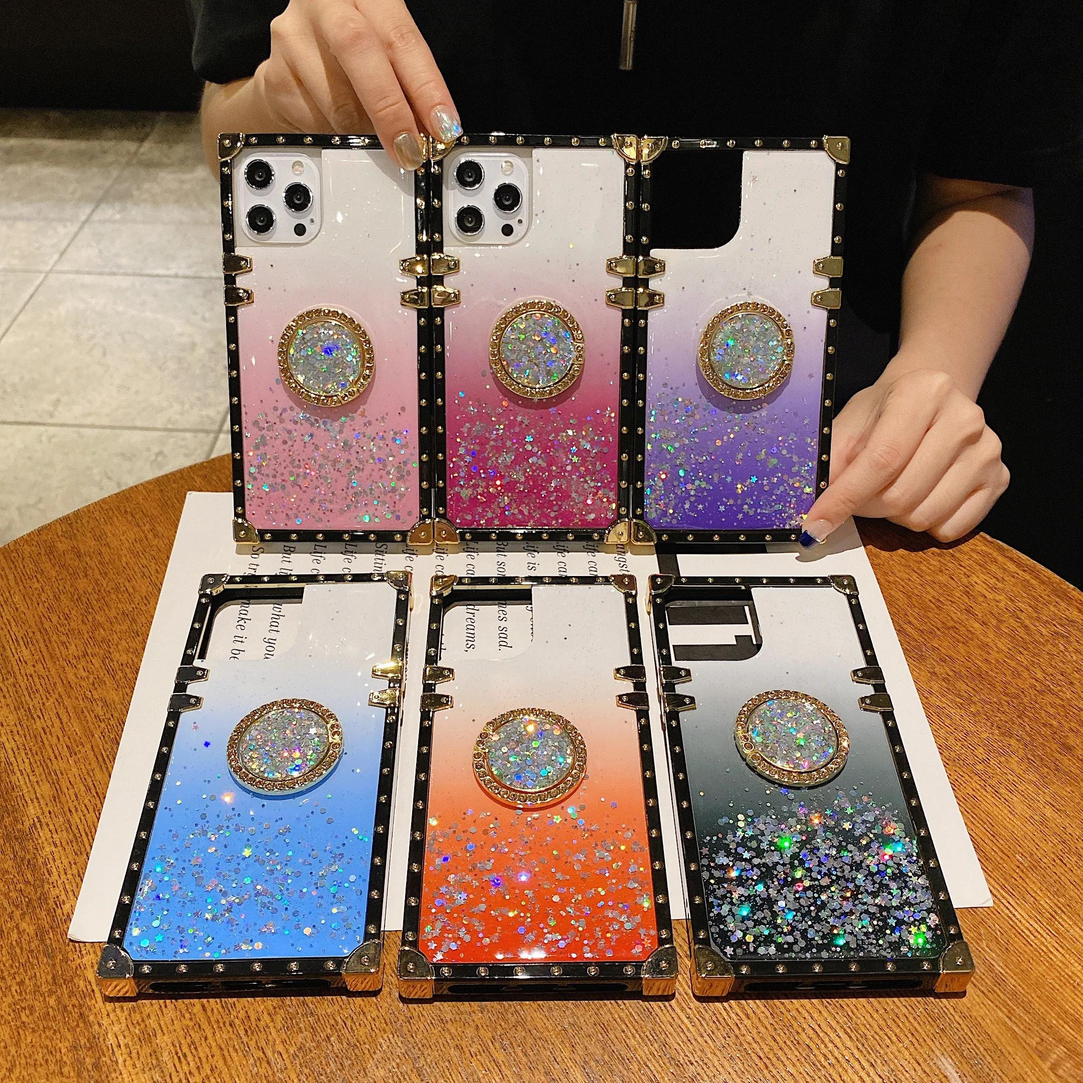 

For iPhone 12 11 Pro Max XR Xs Max 6 7 8 Plus Luxury Epoxy Glue Diamond Shiny Bling Glitter Holder Stand Phone Case For Girl