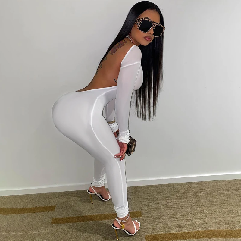 

Lygens Colorful Backless Round Neck Long Sleeve Jumpsuit Women 2021 Sexy Open Back One Piece Streetwear Casual Stacked Clothing, White,black,red-brown