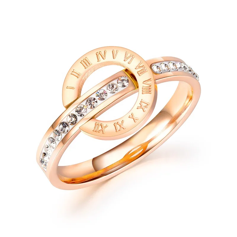 

Round Roman numerals engagement ring diamond women rose gold crystal rings stainless steel for women