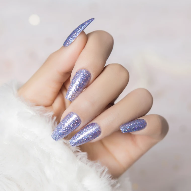 

manufacture wholesale blue glitter blingbling design medium ballerina coffin press on artificial fingernails false nails